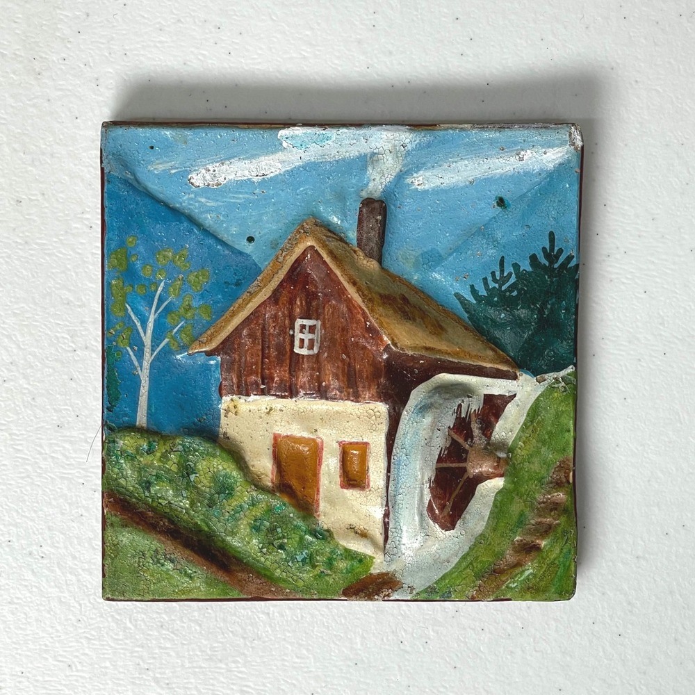 Vintage Hand Painted 3D Tile Cottage Mountains Trees French Farmhouse Prairie